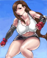 Rule 34 | 1990s (style), 1girl, breasts, brown eyes, brown hair, cleavage, covered erect nipples, curvy, final fantasy, final fantasy vii, fingerless gloves, gloves, large breasts, long hair, low-tied long hair, lowres, matoyama, miniskirt, navel, oekaki, pencil skirt, plump, retro artstyle, skirt, solo, thick thighs, thighs, tifa lockhart, very long hair