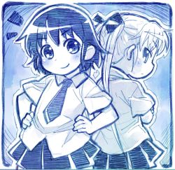 Rule 34 | 2girls, blue theme, blush, bow, commentary request, hair bow, hand on own hip, kill me baby, looking at viewer, monochrome, multiple girls, necktie, oribe yasuna, pleated, pleated skirt, sakino shingetsu, short hair, short sleeves, skirt, smile, sonya (kill me baby), twintails