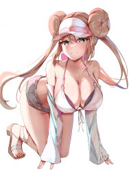 Rule 34 | 1girl, all fours, breasts, brown hair, cleavage, closed mouth, collarbone, creatures (company), detached sleeves, double bun, doughnut hair bun, floating hair, full body, game freak, green eyes, hair bun, highres, large breasts, long hair, long sleeves, momdy (talesshinja), nintendo, open clothes, open shirt, pokemon, pokemon bw2, rosa (pokemon), short shorts, shorts, simple background, smile, solo, twintails, very long hair, visor cap