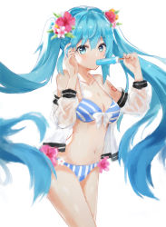 Rule 34 | 1girl, bikini, blue bikini, blue eyes, blue hair, bow, breasts, cleavage, clothes down, cowboy shot, dress shirt, floating hair, flower, food, hair flower, hair ornament, hatsune miku, hibiscus, highres, holding, holding food, long hair, medium breasts, nakor., navel, open clothes, open shirt, pink flower, popsicle, red flower, shirt, simple background, solo, standing, striped bikini, striped clothes, swimsuit, vertical-striped bikini, vertical-striped bikini bottom, vertical-striped clothes, very long hair, vocaloid, wet, wet clothes, wet shirt, white background, white bow, white flower, white shirt