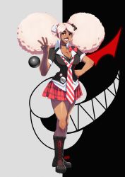Rule 34 | 1girl, absurdres, afro, afro puffs, bear hair ornament, black background, black choker, black legwear, black shirt, blonde hair, boots, bow, bowtie, breasts, brown eyes, buttons, calf boots, choker, cleavage, danganronpa (series), danganronpa another episode: ultra despair girls, dark-skinned female, dark skin, eyebrows hidden by hair, full body, grey background, hair ornament, highres, lace, lace choker, large breasts, leather, leather boots, monokuma, necktie, open mouth, plaid, plaid skirt, prototype design, red bow, red skirt, second generation enoshima junko, shirt, simple background, skirt, smile, striped neckwear, teeth, tovio rogers