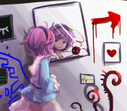 Rule 34 | 1girl, blood, blood splatter, blue shirt, cardiogram, commentary request, different reflection, hairband, heart, kanno fumiroku, komeiji satori, long sleeves, mirror, one-hour drawing challenge, pink eyes, pink hair, pink skirt, reflection, ribbon-trimmed collar, ribbon trim, shirt, short hair, skirt, smirk, solo, third eye, touhou, wide sleeves