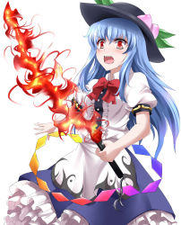 Rule 34 | 1girl, 422322, absurdres, apron, bad id, bad pixiv id, blue hair, bow, dress, e.o., female focus, fire, food, frills, fruit, hat, highres, hinanawi tenshi, long hair, peach, red eyes, solo, sword, sword of hisou, touhou, weapon, white background