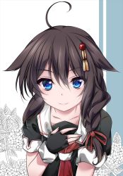Rule 34 | 10s, 1girl, ahoge, black serafuku, blue eyes, braid, brown hair, eyebrows, fingerless gloves, flower, gloves, hair between eyes, hair flaps, hair ornament, hair over shoulder, hair ribbon, hand on own chest, hikobae, kantai collection, leaf, light smile, looking at viewer, neckerchief, partially colored, red neckerchief, ribbon, school uniform, serafuku, shigure (kancolle), shigure kai ni (kancolle), short sleeves, single braid, solo, upper body