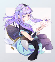 Rule 34 | 1girl, absurdres, back, border, bug, butterfly, glowing butterfly, hair ornament, hair rings, half-closed eyes, highres, insect, long hair, looking back, needle, parted lips, purple eyes, purple hair, qinshi mingyue, shao siming (qin shi ming yue), shiqi jinnian shiqi sui, sitting, solo, thighhighs, veil
