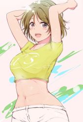 Rule 34 | 1girl, :d, absurdres, ankoiri, arms up, blush, brown hair, clothes writing, crop top, green shirt, group name, highres, koizumi hanayo, looking at viewer, love live!, love live! school idol project, midriff, navel, open mouth, paint splatter, pants, purple eyes, shirt, short hair, short sleeves, smile, solo, sparkle, stomach, white pants