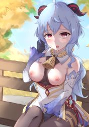 Rule 34 | bare shoulders, bell, between breasts, between thighs, black gloves, blue hair, blush, breasts, chinese knot, clothes between breasts, curled horns, detached sleeves, ganyu (genshin impact), genshin impact, gloves, gold trim, highres, horns, lank (lankdesu), large breasts, long hair, looking at viewer, neck bell, nipples, nose blush, purple eyes, sidelocks, sitting, thighlet, vision (genshin impact), white sleeves