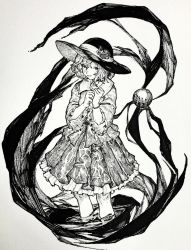 Rule 34 | 1girl, blouse, blush, bracelet, buttons, choker, darkness, diamond button, eyebrows hidden by hair, flower, frilled skirt, frilled sleeves, frills, full body, greyscale, hands up, hat, hat flower, highres, jewelry, komeiji koishi, long sleeves, looking at viewer, mashimashi, monochrome, own hands together, shirt, short hair, skirt, smile, solo, standing, staple, third eye, touhou, traditional media, wide sleeves