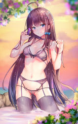 Rule 34 | 1girl, absurdres, aden 07, ahoge, black thighhighs, blue bow, blue flower, blurry, blurry foreground, blush, bow, bra, breasts, brown bra, brown eyes, brown hair, brown panties, bug, butterfly, butterfly on hand, choker, cleavage, closed mouth, collarbone, flower, garter belt, gluteal fold, hair between eyes, hair bow, hair ornament, heart, heart hair ornament, highres, insect, lingerie, long hair, medium breasts, navel, original, outdoors, panties, partially submerged, pink flower, purple choker, pussy juice, sideboob, solo, standing, thighhighs, underboob, underwear, underwear only, very long hair, wading