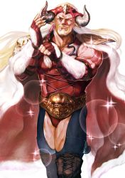 1boy, bara, beard, belt, black horns, boots, brown footwear, cape, cross-laced footwear, facial hair, fingerless gloves, gloves, granblue fantasy, hand up, highres, horns, ladiva, magna13, male focus, muscular, muscular male, mustache, one eye closed, pointy ears, red headwear, red male underwear, simple background, sparkle, standing, thigh boots, thighhighs, thighs, white background