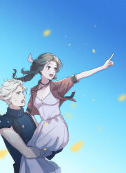 Rule 34 | 1boy, 1girl, absurdres, aerith gainsborough, armor, black gloves, blonde hair, blue sky, blush, braid, brown hair, carrying, carrying person, chika i, cloud strife, commentary request, dress, final fantasy, final fantasy vii, final fantasy vii remake, floating hair, gloves, green eyes, hair ribbon, highres, index finger raised, jacket, long hair, open clothes, open jacket, open mouth, outdoors, pauldrons, pointing, red jacket, ribbon, short hair, short sleeves, shoulder armor, single pauldron, sky, sleeveless, sleeveless turtleneck, smile, sweatdrop, teeth, turtleneck, upper teeth only, white dress
