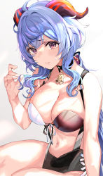 Rule 34 | 1girl, ahoge, bell, bikini, blue hair, blush, breasts, cleavage, closed mouth, front-tie bikini top, front-tie top, ganyu (genshin impact), genshin impact, goat horns, highres, horns, large breasts, looking at viewer, multi-strapped bikini, navel, neck bell, o-ring, o-ring bikini, playing with own hair, purple eyes, sitting, solo, swimsuit, temir, water drop, wavy mouth, wet
