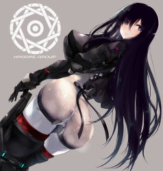 Rule 34 | 1girl, absurdres, alice gear aegis, ass, black gloves, black hair, blush, breath, closed mouth, covered erect nipples, english text, gloves, glowing, grey background, highres, kagome misaki, long hair, looking back, mole, mole under eye, purple eyes, puru (ex-150), red pupils, simple background, solo, steam, suggestive fluid, tight clothes, very long hair