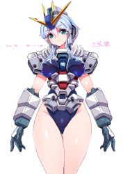 Rule 34 | 1girl, antennae, armor, blue hair, breasts, commentary request, covered erect nipples, dated, green eyes, gundam, gundam narrative, highres, large breasts, leotard, looking at viewer, mecha musume, michi kuso, narrative gundam, shiny skin, short hair, sidelocks, signature, solo, standing