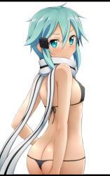 Rule 34 | 10s, 1girl, arms at sides, ass, bikini, blue eyes, blue hair, blush, breasts, butt crack, highres, letterboxed, looking at viewer, looking back, matching hair/eyes, micro bikini, negija, scarf, short hair, sinon, small breasts, solo, striped clothes, striped scarf, swimsuit, sword art online, white background