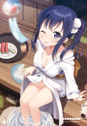Rule 34 | 10s, 1girl, absurdres, bathrobe, blue eyes, blue hair, blurry, blush, breasts, cleavage, clothes lift, collarbone, covered erect nipples, depth of field, food, fruit, hair ornament, highres, hyuuga azuri, imai midori, japanese clothes, long hair, looking at viewer, matching hair/eyes, medium breasts, naughty face, one eye closed, porch, shirobako, shirt lift, side ponytail, sitting, smile, soaking feet, solo, tongue, tongue out, water, watermark, watermelon, wind chime