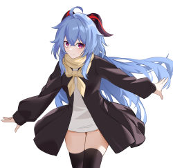 Rule 34 | 1girl, absurdres, ahoge, black jacket, black thighhighs, blue hair, blush, closed mouth, commentary, contemporary, cowboy shot, crossed bangs, dress, eyelashes, floating hair, ganyu (genshin impact), genshin impact, goat horns, hair between eyes, highres, horns, jacket, long hair, long sleeves, looking at viewer, mxr, open clothes, open jacket, outstretched arms, purple eyes, red horns, scarf, short dress, sidelocks, skindentation, smile, solo, split mouth, spread arms, standing, thighhighs, very long hair, white background, white dress, yellow scarf