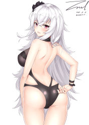 Rule 34 | 1girl, adjusting clothes, adjusting swimsuit, ass, azur lane, back, black flower, black one-piece swimsuit, black rose, breasts, cleavage, cowboy shot, dated, flower, from behind, graf zeppelin (azur lane), graf zeppelin (beachside urd) (azur lane), hair between eyes, hair flower, hair ornament, large breasts, long hair, looking at viewer, looking back, messy hair, one-piece swimsuit, parted lips, purple eyes, rose, shoulder blades, sidelocks, signature, silver hair, simple background, skindentation, solo, swimsuit, thighs, twisted torso, twitter username, unel, very long hair, white background, wrist straps