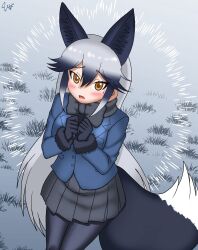 1girl animal_ears black_bow black_bowtie black_fur black_gloves black_hair black_necktie black_pantyhose black_skirt blue_jacket blush bow bowtie cowboy_shot extra_ears fox_ears fox_girl fox_tail fur_trim gloves gradient_background grey_hair hair_between_eyes hbrxx highres jacket kemono_friends long_hair long_sleeves multicolored_hair necktie orange_eyes own_hands_together pantyhose pleated_skirt sidelocks silver_fox_(kemono_friends) skirt solo sweatdrop tail