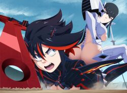 Rule 34 | 2girls, ass, black hair, blue sky, blunt bangs, breasts, clenched hands, commentary, english commentary, fang, fighting, foreshortening, grey eyes, highres, junketsu, kill la kill, kiryuuin satsuki, large breasts, long hair, looking at another, lying, matoi ryuuko, multicolored hair, multiple girls, on stomach, outdoors, ravenravenraven, red hair, revealing clothes, scissor blade (kill la kill), senketsu, short hair, siblings, sisters, sitting, sitting on person, sky, streaked hair, thighhighs, white thighhighs