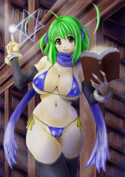 Rule 34 | 1girl, artist request, bikini, book, character request, female focus, grimoire, looking at viewer, magic, ninja, nipples, shiny skin, short hair, smile, standing, swimsuit, thong, twintails