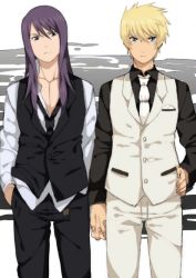 Rule 34 | 00s, 2boys, alternate costume, bad id, bad pixiv id, black eyes, black hair, blonde hair, contemporary, expressionless, flynn scifo, formal, hand in pocket, hand on own hip, hip focus, holding hands, long hair, male focus, multiple boys, necktie, su (113232), suit, tales of (series), tales of vesperia, white background, yuri lowell