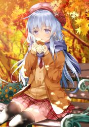 Rule 34 | 1girl, alternate costume, autumn leaves, beret, black thighhighs, blue eyes, blush, brown coat, brown sweater, buttons, coat, food, hair between eyes, hat, hibiki (kancolle), highres, holding, holding food, kantai collection, leaf, long hair, maple leaf, maple tree, motohara moka, necktie, open mouth, pleated skirt, purple scarf, red hat, red necktie, red skirt, scarf, silver hair, sitting, skirt, solo, sweater, thighhighs, tree