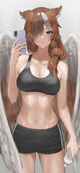 Rule 34 | 1girl, :o, absurdres, animal ears, bottle, breasts, brown hair, cellphone, cleavage, commentary request, commission, feathered wings, feet out of frame, female focus, gradient background, grey background, gym shorts, hair over one eye, highres, holding, holding bottle, holding phone, long hair, looking at viewer, medium breasts, multicolored hair, navel, open mouth, original, phone, pixiv commission, ponytail, purple eyes, selfie, shorts, simple background, smartphone, solo, sports bra, sportswear, stomach, sweat, nervous sweating, takita (takita3411), two-tone hair, water bottle, white hair, white wings, wings