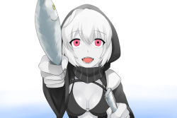Rule 34 | 10s, 1girl, abyssal ship, bra, breasts, cleavage, comic, darkmaya, fang, fish, giving, hood, kantai collection, looking at viewer, nail polish, open mouth, pale skin, pink eyes, raincoat, re-class battleship, religious offering, scarf, sharp teeth, short hair, silent comic, simple background, smile, solo, teeth, underwear, white hair