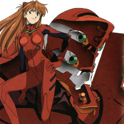 Rule 34 | 1girl, blue eyes, bodysuit, bracer, breasts, clenched hand, eva 02, gloves, hand on own hip, headgear, highres, light smile, long hair, looking to the side, mecha, neon genesis evangelion, orange hair, pilot suit, plugsuit, red hair, robot, scan, simple background, small breasts, smile, souryuu asuka langley, turtleneck, twintails, white background