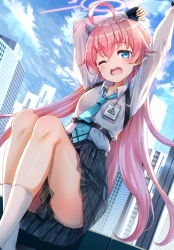 Rule 34 | 1girl, ahoge, arms up, ass, belt, black gloves, blue archive, blue eyes, cityscape, collared shirt, day, fang, fingerless gloves, gloves, grey skirt, halo, highres, hoshino (blue archive), id card, long hair, long sleeves, looking at viewer, miniskirt, necktie, one eye closed, open mouth, outdoors, pink hair, plaid, plaid skirt, pleated skirt, shirt, shirt tucked in, sitting, skirt, socks, solo, stretching, tearing up, thighs, white shirt, white socks, yu ni t