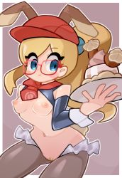 Rule 34 | 1girl, absurdres, bare shoulders, blonde hair, blue eyes, blush stickers, border, breasts, brown background, closed mouth, commentary, creatures (company), eyelashes, female pubic hair, food, game freak, glasses, hand up, hat, highres, holding, holding plate, leah (pokemon), meme attire, navel, nintendo, nipples, outline, plate, poke ball print, pokemon, pokemon cafe remix, ponytail, pubic hair, red-framed eyewear, red hat, reverse bunnysuit, reverse outfit, solo, sweelan, white border