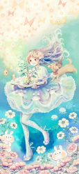 Rule 34 | 1girl, :o, abstract, artist name, bird, blush, book, bow, dated, dog, dress, fish, floating hair, flower, footwear bow, frilled dress, frilled sleeves, frills, gradient background, hair flower, hair ornament, highres, holding, jellyfish, momochy, open book, open mouth, original, pantyhose, puffy sleeves, rabbit, shoes, smile, solo, squirrel, symbol in eye, tree, white pantyhose