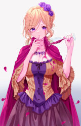 Rule 34 | 1girl, absurdres, alcohol, axis powers hetalia, blonde hair, breasts, cleavage, cloak, closed mouth, cowboy shot, cup, dress, drinking glass, eyelashes, flower, france (hetalia), genderswap, genderswap (mtf), gradient background, hair between eyes, hair flower, hair ornament, hands up, highres, holding, holding cup, jewelry, large breasts, lipstick, looking at viewer, makeup, multicolored clothes, multicolored dress, nail polish, necklace, parted lips, petals, pouring, pouring onto self, purple cloak, purple eyes, purple flower, purple nails, purple rose, riri5937, rose, sleeves past elbows, solo, sparkling eyes, swept bangs, updo, white background, wide sleeves, wine, wine glass