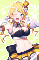 Rule 34 | 1girl, ;d, ahoge, armpits, arms up, back bow, bare shoulders, black bow, blonde hair, blue eyes, blush, bow, breasts, cleavage, cleavage cutout, clothing cutout, cowboy shot, crop top, elbow gloves, floral background, frilled skirt, frills, gloves, hachimiya meguru, hat, highres, idolmaster, idolmaster shiny colors, long hair, looking at viewer, low twintails, medium breasts, midriff, mini hat, mini top hat, navel, one eye closed, open mouth, plaid, plaid skirt, pointing, pointing at self, signalviolet, skirt, sleeveless, smile, solo, stomach, top hat, twintails, white gloves, yellow background, yellow hat, yellow skirt