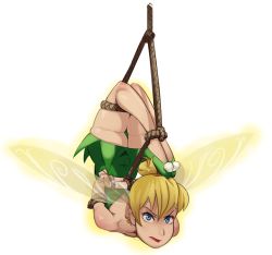 Rule 34 | 1girl, annoyed, arms behind back, ass, bad id, bad pixiv id, ballet slippers, bare shoulders, bdsm, blonde hair, blue eyes, bondage, bound, bound ankles, bound arms, bound legs, box tie, disney, dress, fairy, fairy wings, flexible, full body, green dress, green footwear, green panties, hair bun, legs over head, legs together, lipstick, looking at viewer, makeup, no socks, panties, pantyshot, peter pan (disney), pointy ears, polyle, red lips, rope, shoes, short dress, short hair, single hair bun, skindentation, solo, suspension, tinker bell (disney), underwear, upside-down, white background, wings