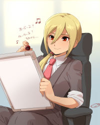 Rule 34 | 1boy, afuro terumi, bad id, bad pixiv id, blonde hair, formal, inazuma eleven (series), inazuma eleven go, long hair, male focus, mizuhara aki, musical note, necktie, aged up, ponytail, red eyes, sitting, smile, solo, suit
