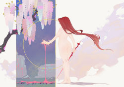 Rule 34 | 1girl, artist name, ass, bangle, barefoot, bleeding, blood, bracelet, branch, breasts, completely nude, eyelashes, floating hair, flower, from behind, full body, holding, holding sword, holding weapon, jewelry, long hair, nude, original, pink blood, plant, red hair, rock, shounen girl, smoke, solo, sword, very long hair, weapon, white background, wisteria