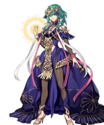 Rule 34 | 1girl, braid, breasts, byleth (female) (fire emblem), byleth (fire emblem), dress, feet, female focus, fire emblem, fire emblem: three houses, fire emblem heroes, fujisaka kimihiko, full body, gold trim, green eyes, green hair, hair ornament, highres, jewelry, long hair, matching hair/eyes, medium breasts, nintendo, non-web source, official alternate costume, official art, pantyhose, pelvic curtain, solo, tiara, toeless footwear, toes, transparent background, twin braids, twintails