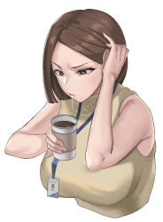 Rule 34 | 1girl, absurdres, bad id, bad pixiv id, bare shoulders, beige shirt, breasts, brown eyes, brown hair, coffee cup, cup, disposable cup, fle en, hair behind ear, highres, holding, holding cup, id card, lanyard, large breasts, office lady, original, saliva, shirt, short hair, sleeveless, sleeveless shirt, solo, upper body