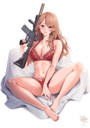 Rule 34 | 1girl, assault rifle, bow, bow panties, bra, breasts, brown hair, closed mouth, collarbone, covering privates, covering crotch, earrings, full body, gold earrings, gun, hand up, highres, hiroki ree, holding, holding gun, holding weapon, jewelry, large breasts, lips, long hair, mature female, nail polish, navel, oshi no ko, panties, red bow, red bra, red eyes, red nails, red panties, rifle, saitou miyako, sitting, solo, stomach, thighs, toenail polish, toenails, trigger discipline, underwear, underwear only, wavy hair, weapon, weapon request