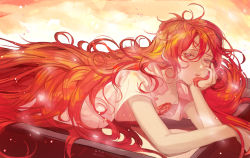 Rule 34 | 1other, ahoge, androgynous, bad id, bad pixiv id, head rest, gem, houseki no kuni, long hair, looking at viewer, lying, on stomach, open clothes, open shirt, padparadscha (houseki no kuni), red eyes, red hair, smile, solo, very long hair, wavy hair