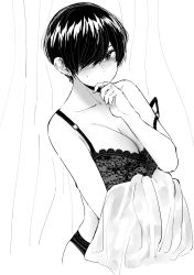 Rule 34 | 1girl, blush, bra, breasts, cleavage, commentary, curtains, embarrassed, english commentary, hair over one eye, highres, lace, lace bra, large breasts, looking at viewer, monochrome, norman maggot, nose blush, olive laurentia, original, panties, pixie cut, short hair, solo, standing, strap slip, sweatdrop, tagme, underwear, underwear only