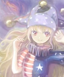Rule 34 | 1girl, american flag shirt, arm up, ba9ked, blonde hair, clownpiece, gradient background, hand up, hat, jester cap, long hair, looking at viewer, purple background, red eyes, short sleeves, smile, solo, touhou, upper body, very long hair