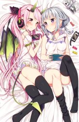 Rule 34 | 2girls, ahoge, an (sakuragi ren), ass, bad id, bad pixiv id, bed sheet, black legwear, blush, book, breasts, candy, cellphone, closed mouth, demon girl, eye contact, food, frown, grey hair, hair ornament, hairclip, handheld game console, headphones, highres, holding, hood, hoodie, horns, long hair, looking at another, low twintails, lying, manga (object), medium breasts, multiple girls, on back, on side, oni horns, open book, original, phone, pink eyes, pink hair, playstation portable, pout, purple hair, sailor collar, sakuragi ren, shiiha (sakuragi ren), shinonome an, sidelocks, small breasts, smartphone, tail, thighhighs, thighhighs pull, thighs, twintails, wings