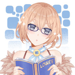 Rule 34 | 1girl, bare shoulders, blanc (neptunia), blue eyes, blush, book, brown hair, clip studio paint (medium), coat, commentary request, facing viewer, fur-trimmed coat, fur trim, glasses, hair between eyes, hands up, highres, holding, holding book, neptune (series), open mouth, reading, short hair, solo, spaghetti strap, sparkle, tsukaze, upper body