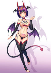 Rule 34 | 1girl, :d, bare shoulders, bikini, black bikini, black thighhighs, blush, breasts, collarbone, covered erect nipples, cupless bikini, demon girl, detached sleeves, fangs, fate/grand order, fate (series), feet, forehead jewel, full body, gluteal fold, hand up, head wings, heart, heart pasties, highres, horns, long sleeves, looking at viewer, low wings, nail polish, navel, open mouth, pasties, pubic tattoo, purple eyes, purple hair, purple nails, short hair, shuten douji (fate), skin-covered horns, skindentation, small breasts, smile, stirrup legwear, stomach, swimsuit, tako seijin, tattoo, thighhighs, toeless legwear, toenail polish, toenails, toes, wings