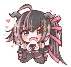 Rule 34 | 1girl, ahoge, black hair, black jacket, blue eyes, blush, commentary, demon girl, demon horns, earrings, fangs, flower, food, grey horns, hair flower, hair ornament, hair ribbon, heart, holding, holding food, horns, jacket, jewelry, long hair, long sleeves, looking at food, medium bangs, multicolored hair, nanashi inc., off shoulder, oinomori may, oinomori may (1st costume), one side up, onigiri, open mouth, pink hair, pink ribbon, pointy ears, powercandy, ribbon, simple background, single earring, skin fangs, smile, solo, sparkle, symbol-only commentary, two-tone hair, upper body, virtual youtuber, white background