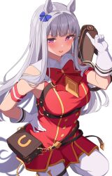 Rule 34 | 1girl, absurdres, blue bow, blunt bangs, blush, bow, bowtie, dress, ear bow, gloves, gold ship (umamusume), grey hair, hand on own hip, highres, holding, horse girl, long hair, looking at viewer, nagaburo imoni, pantyhose, pillbox hat, purple eyes, red bow, red bowtie, red dress, simple background, solo, umamusume, unworn headwear, white background, white gloves, white pantyhose