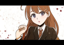 Rule 34 | 1girl, black jacket, blue eyes, breasts, brown hair, brown necktie, collared shirt, commentary request, hair ornament, hairclip, hand up, highres, hod (project moon), jacket, lobotomy corporation, long hair, long sleeves, necktie, open mouth, orange nails, project moon, sakuya 996, shirt, small breasts, solo, white shirt